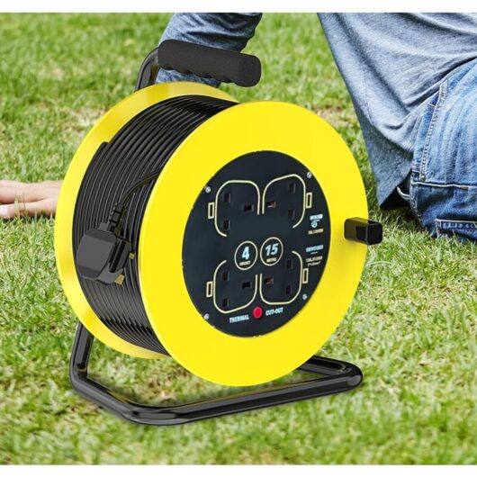 Teetok - Extension leads, 13A Electrical Extension Reel, 4 Sockets Cable Reel with Winding Handle ,Thermal Cut Out, Heavy-Duty Extension Lead with 15