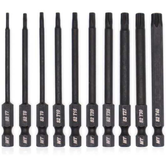 Torx bit set for screwdrivers, drills and impact wrenches, temperature resistant, advanced heat treatment, phosphate coating, 8 cm, 10 pieces