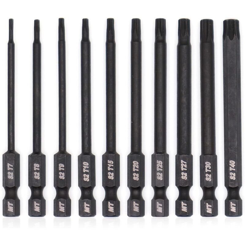 Torx bit set for screwdrivers, drills and impact wrenches, temperature resistant, advanced heat treatment, phosphate coating, 8 cm, 10 pieces