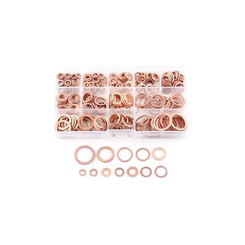 280pcs M5-M20 Copper Flat Washers 12 Sizes, Flat Washer with Storage Box for Screw Sealing, Sealing Rings