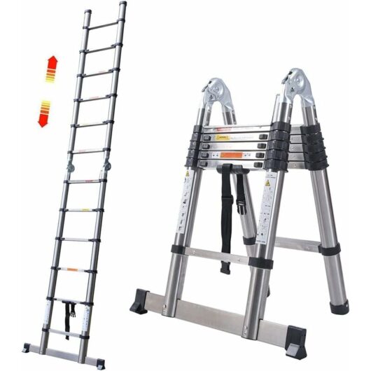 3.8M Telescopic Extension Ladder Multi-Purpose Folding Stainless Steel Extendable Portable Loft Foldable Ladder 1.9M+1.9M A-Frame Collapsible Attic