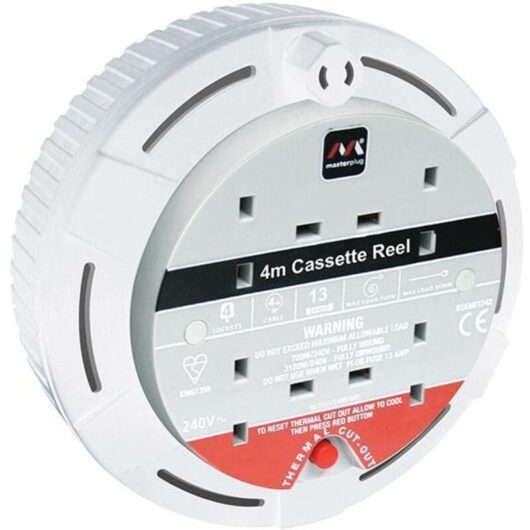 Masterplug - Cassette Cable Reel 4 Metre 4 Socket Thermal Cut-Out White 13A 240 Volt MSTSCT04134W