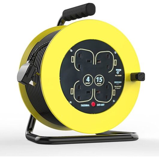 Teetok - Cable reels,Long Extension Cable Lead 15m, 4 Socket Easy-Wind Reel 13A Extension Cable with Thermal Safety Cut-Out Hi-Visibility Cable,