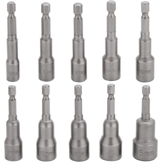 Tinor - 10 Pcs Impact Driver Socket Bit 6-15mm Set Magnetic Hex Socket Set Magnetic Drill Bit Hex Socket Set 1/4 Inch for Quick Change Chuck