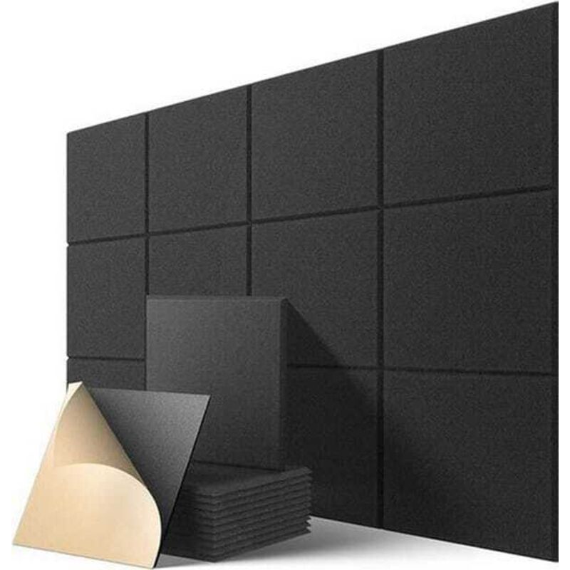 12-piece set self-adhesive acoustic panels 30 × 30 cm - High-density polyester fibers - Soundproofing for studio and office - Black