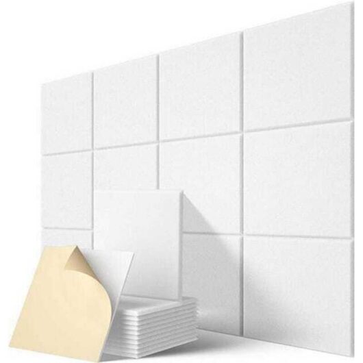 12-piece set self-adhesive acoustic panels 30 × 30 cm - High-density polyester fibers - Soundproofing for studio and office - White
