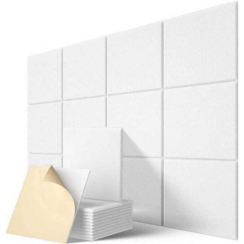 12-piece set self-adhesive acoustic panels 30 × 30 cm - High-density polyester fibers - Soundproofing for studio and office - White
