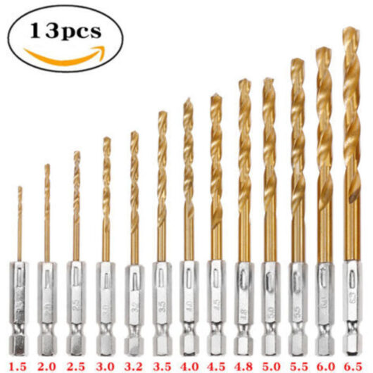 13-piece Impact Drill Bit Set, Titanium HSS Twist Hex Shank Drill Bit Set for Metal, Steel, Wood, Plastic, Quick Change Design