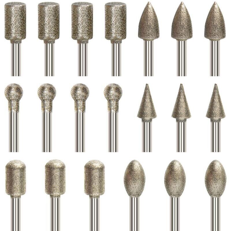 20-Piece Diamond Rotary Burr Bit Set, Engraving Bit Set with 3mm (1/8") Shank, Diamond-Coated Bits for Rotary Tools, Grinding, Polishing, DIY