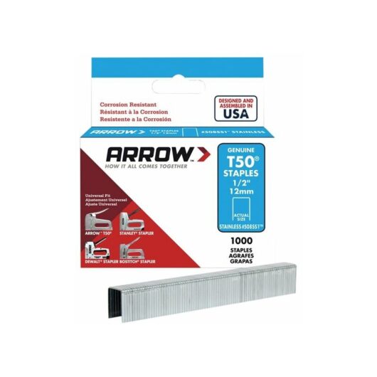 Arrow - T50 Staples Stainless Steel 508SS 12mm (1/2in) Box 1000 ARRT5012SS