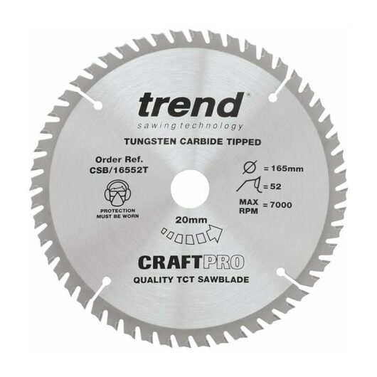Dewdat - Trend Fine Kerf Circular Saw Blade, 165mm Diameter x 52 Teeth x 20mm Bore, Tungsten Carbide Tipped