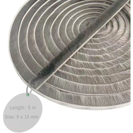 Door Brush Seal, 5 M(L) x 9 mm(B) x 15 mm(D), Grey, Window Seal for Soundproofing Door, Adhesive Brush Seal, Sliding Door Brush Seal, Mosquito Screen