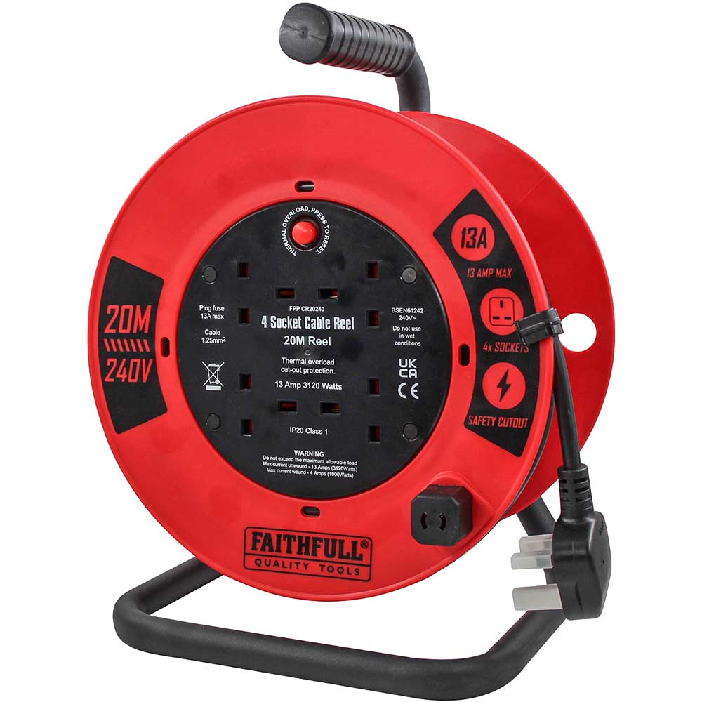 Faithfull Power Plus 13A 4 Socket Open Cable Reel 240v 20m