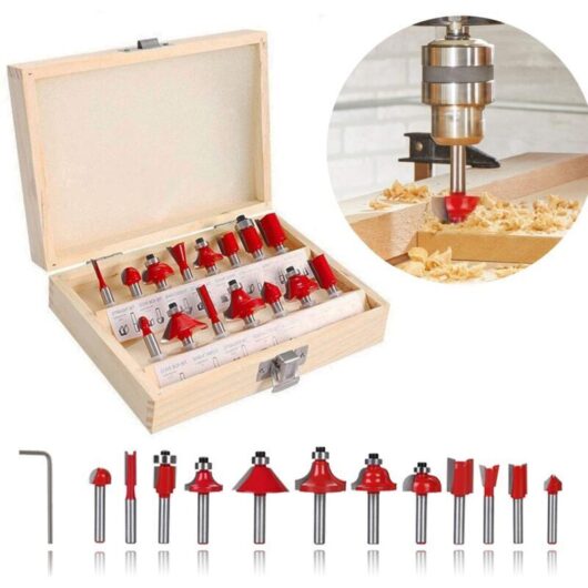 Flush Trim Router Bit Set, 6.35mm, 15-Piece Tungsten Carbide Wood Grooving Bit Set with Shank, in Assorted Color Box