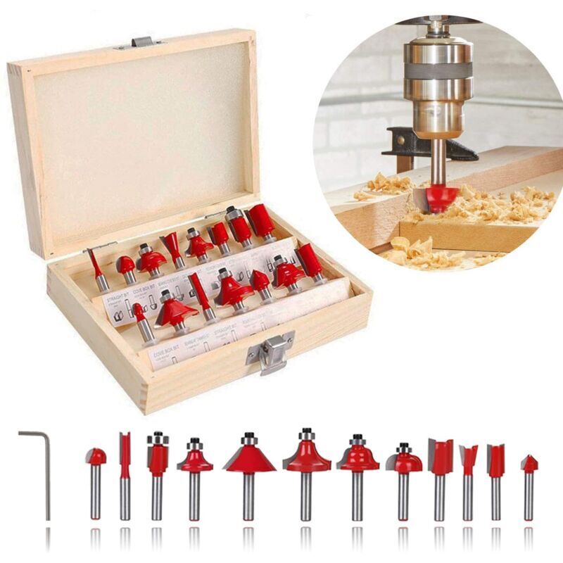 Flush Trim Router Bit Set, 6.35mm, 15-Piece Tungsten Carbide Wood Grooving Bit Set with Shank, in Assorted Color Box
