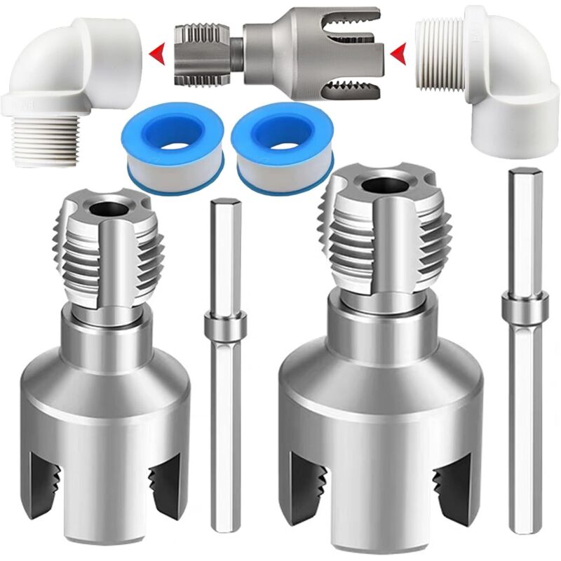 Integrated internal and external pipe threading tool with 1/2" and 3/4" dies, 2-in-1 compatible electric drill PVC pipe threading kit