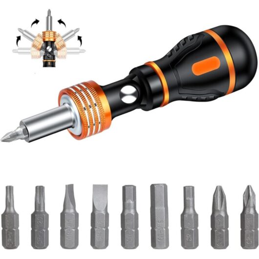 Magnetic ratchet screw reamer, 9-in-1 multipurpose reversible forward-rotating adjustable screw reamer with bits for DIY, home, repair