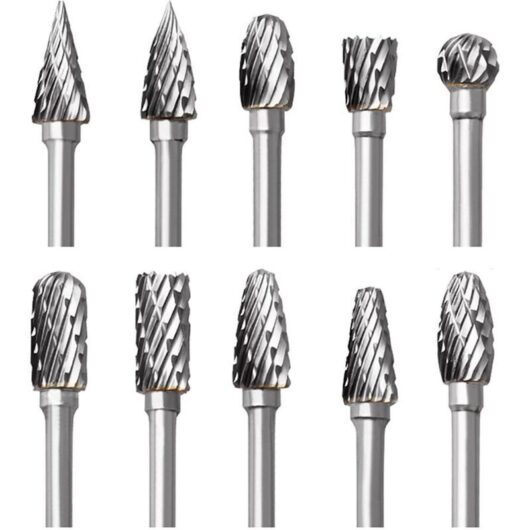 Set of 10 tungsten carbide rotary burrs with grinding head for Dremel rotary tools, drilling and polishing metal