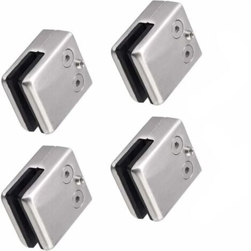 Set of 4 glass clamps (square 8 to 10 mm) in 304 stainless steel - Square support for glass - Adjustable flat glass support for stair railing