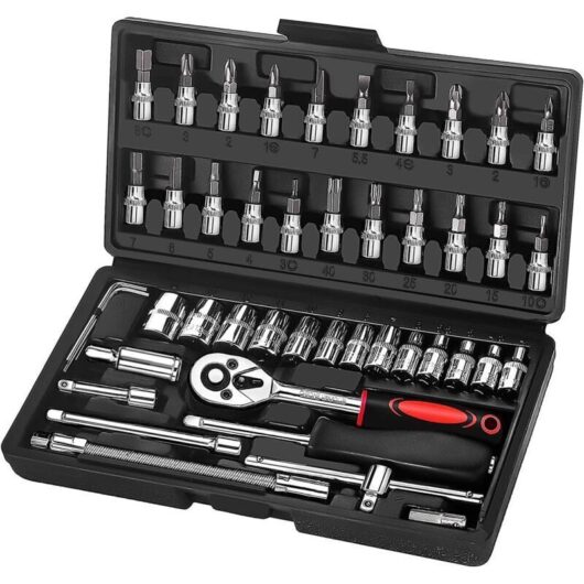 Set of 46 1/4" Chrome Ratchet Sockets, Ratchet and Wrench Set Suitable for Bicycle Work and Automotive Mechanics, Size 1/4"
