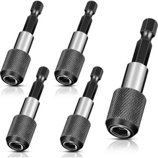 Set of 5 magnetic drill bit holders, drill bit extension, hex shank, quick-release bar, screwdriver socket, drill bit holder