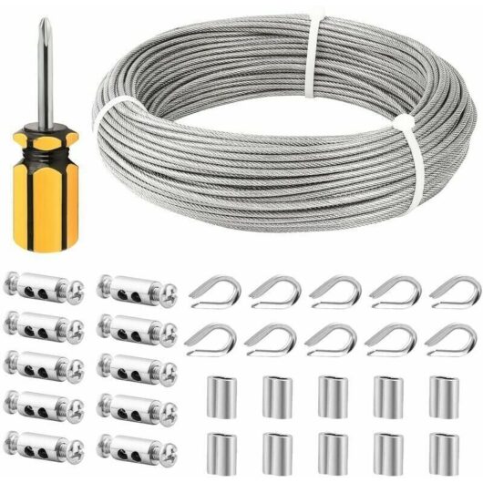 Stainless steel wire rope, 50 m/3 mm stainless steel wire rope, coated steel cable with clip, M3 sleeve, stainless steel thimble, 3 mm clothesline